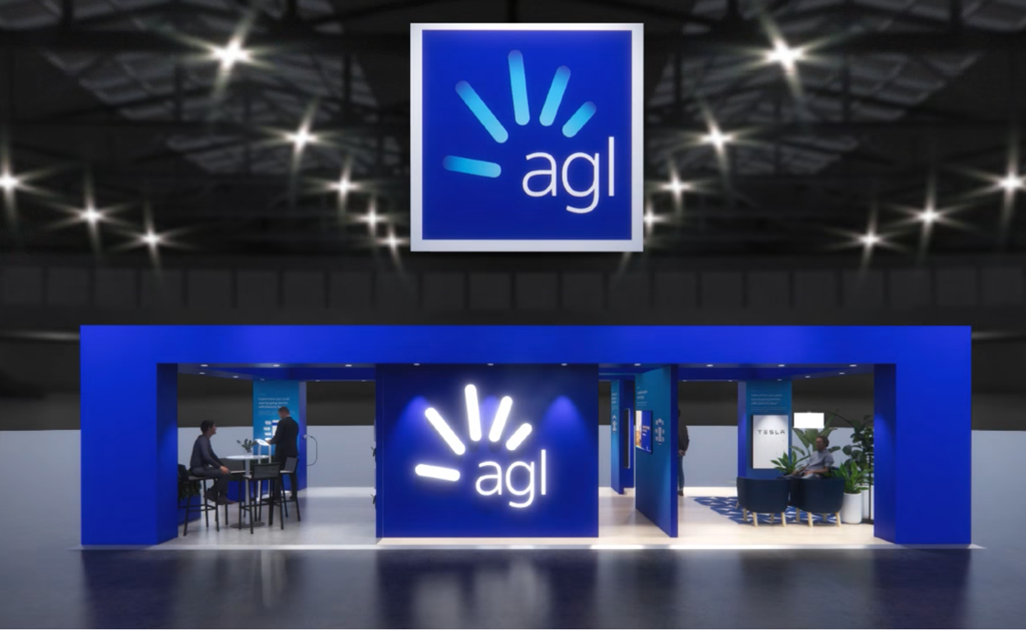 AGL exhibition stand with blue display panels and home energy information